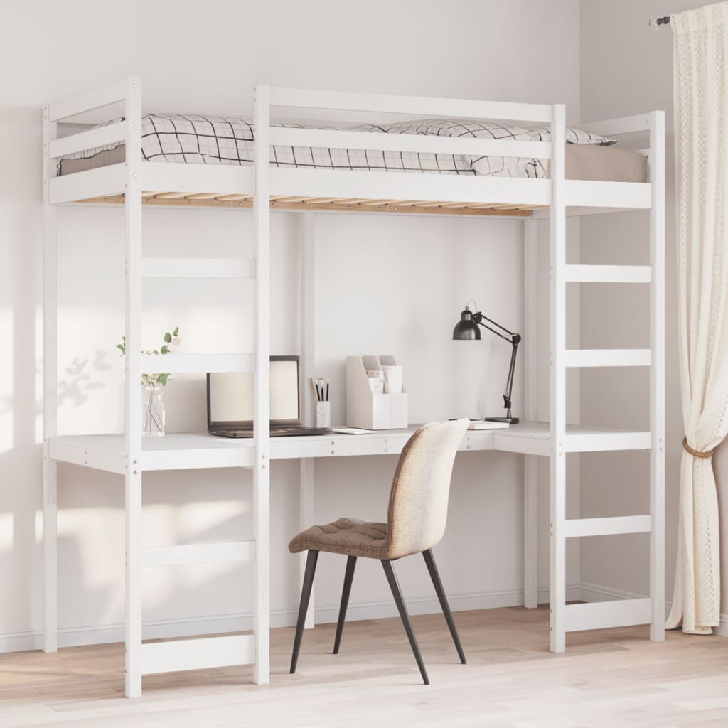 Loft Bed Frame with Desk White 75x190 cm Solid Wood Pine Modernique